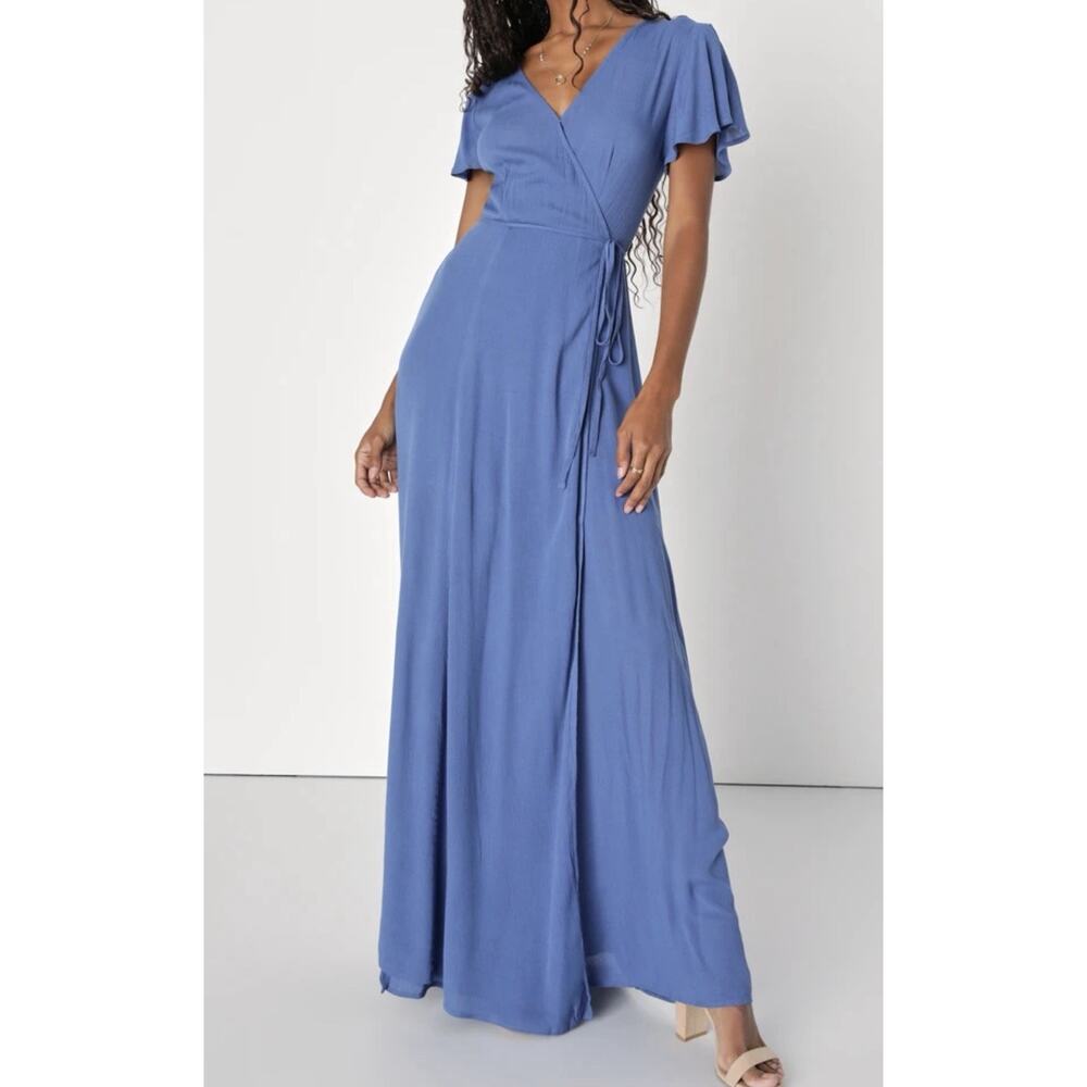 NWT Lulus Womens Heart Of Marigold‎ Maxi Wrap Dress XL Flowy Wedding Denim Blue